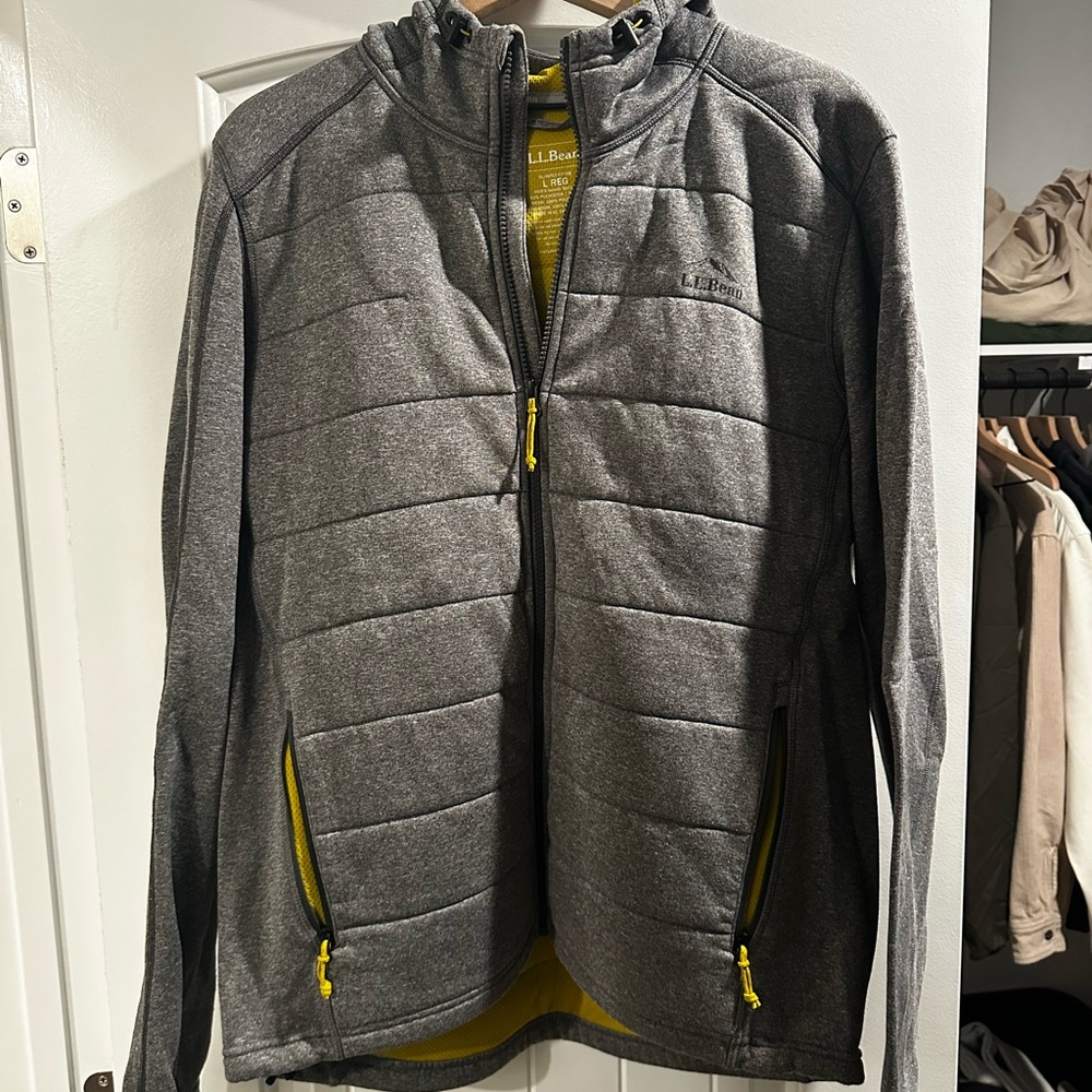 L.L. Bean Gray Lightweight Hooded Jacket with Yellow Accents